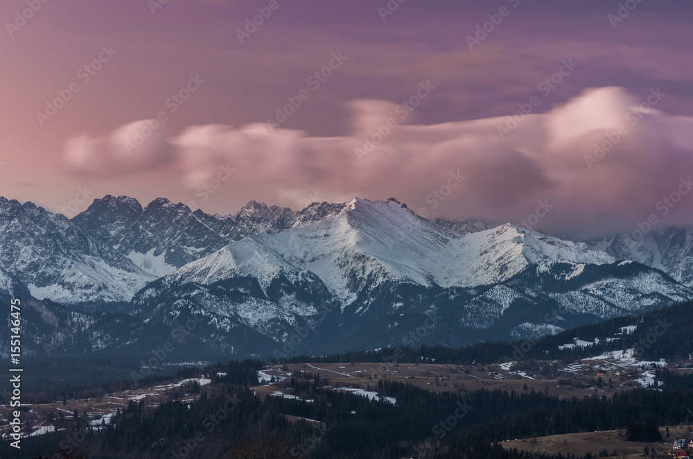 Dawn panorama of snowyTatra Mountains, Poland