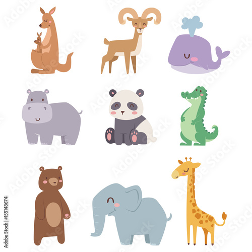 Cute zoo cartoon animals isolated funny wildlife learn cute language and tropical nature safari mammal jungle tall characters vector illustration.