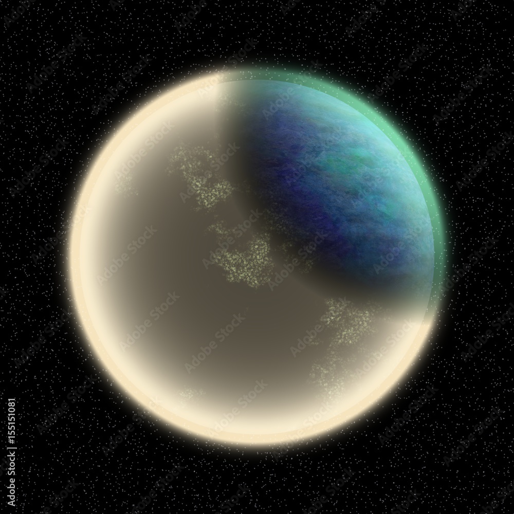 Obraz premium Lost planet in the far corner of universe. A planet with shinning atmosphere hidden somewhere