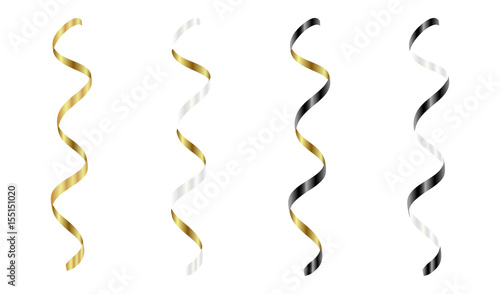 Gold, silver, white, black streamers set. Silver serpentine ribbons, isolated on white background. Decoration for party, birthday celebrate or Christmas carnival, New Year gift. Festival decor. Vector