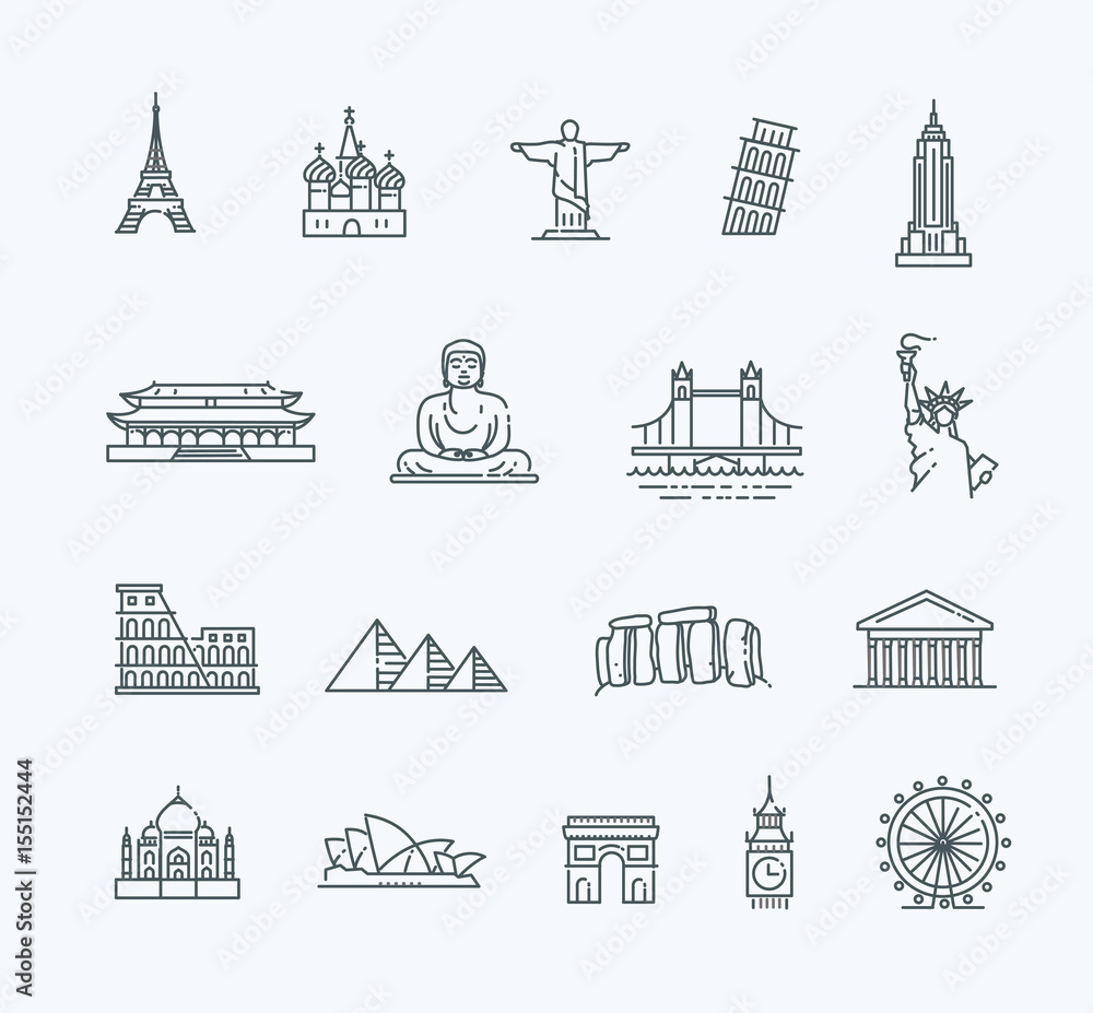 Travel landmarks line icon set