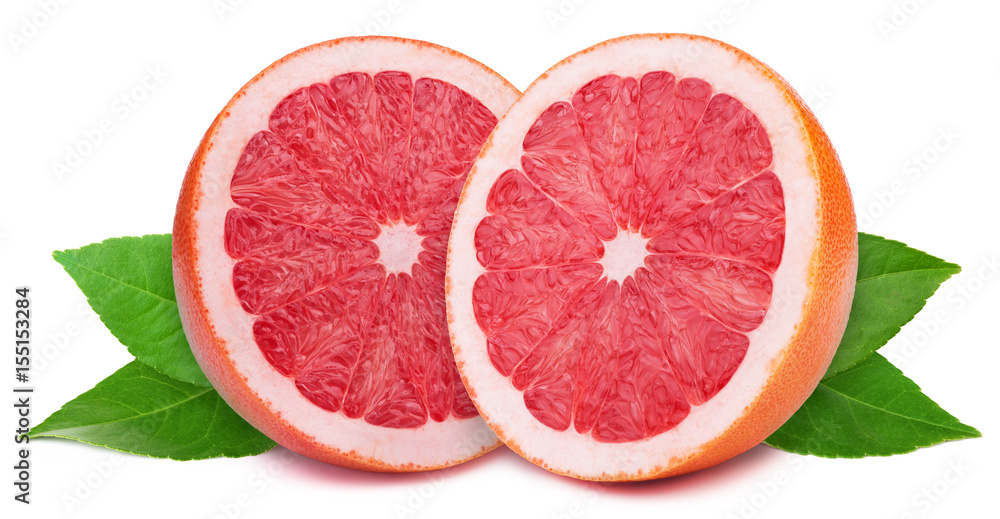 Perfectly retouched sliced halves of grapefruits with leaves isolated on the white background with clipping path Perfectly retouched sliced halves of grapefruits with leaves isolated on the white background with clipping path
