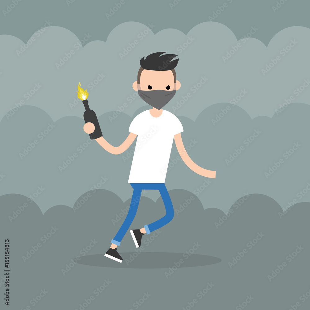 Fototapeta premium Angry man wearing a face mask holding a bottle with Molotov cocktail. Flat editable vector illustration, clip art