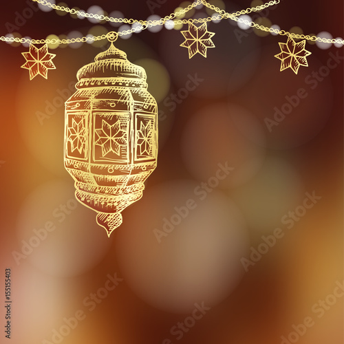 Illuminated hand drawn sketch of Arabic lamp, lantern and decorative party string. Blurred vector illustration background for Muslim community holy month Ramadan Kareem.