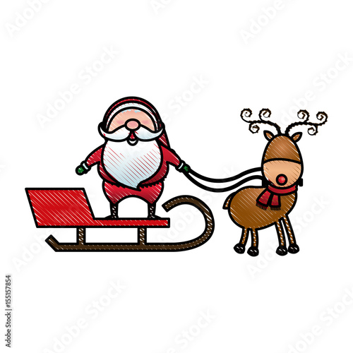 santa claus rides in a sleigh in harness on the reindeer vector illustration