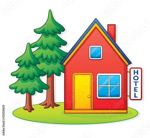 Hotel building and spruce trees icon.