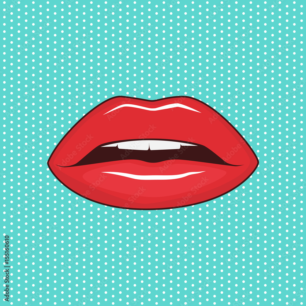 Female lips on turquoise background. Pop art style