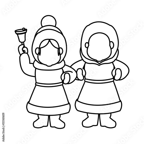 children christmas caroling with song book and bell vector Illustration