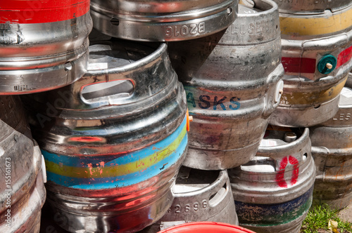 Beer kegs used to store drinks stacked up