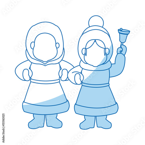 children christmas caroling with song book and bell vector Illustration