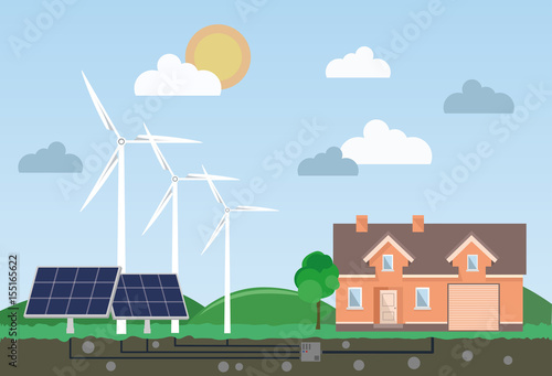 The use of alternative energy in private house. Vector illustration.