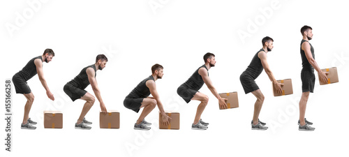 Rehabilitation concept. Collage of man with good posture lifting heavy cardboard box on white background