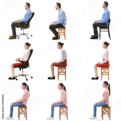 Rehabilitation concept. Collage of people with poor and good posture sitting on chair against white background