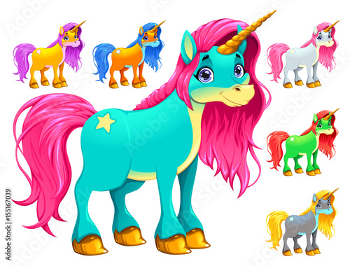 Set of cartoon unicorns