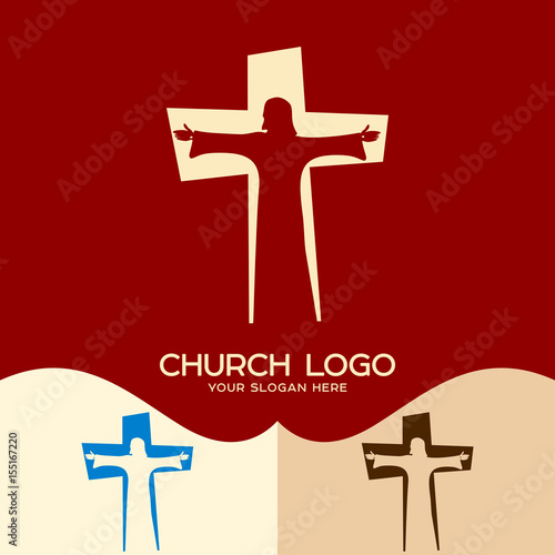 Church logo. Cristian symbols. Jesus Christ in the background of the cross