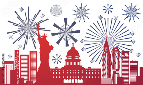 Silhouette United States Landmarks Independence Day Holiday 4 July Banner Flat Vector Illustration