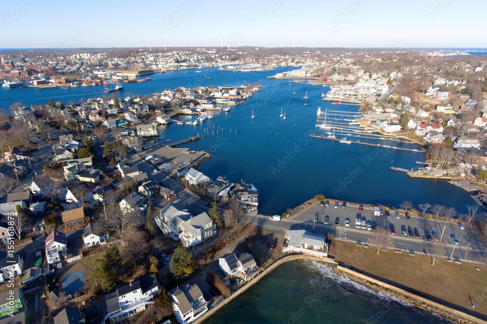 Aerial view of Rocky Neck and Gloucester Harbor in City of Gloucester, Cape Ann, Massachusetts, USA.