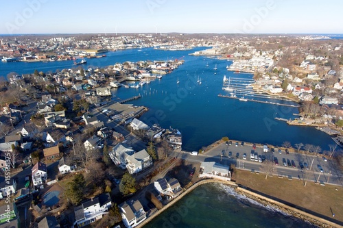 Aerial view of Rocky Neck and Gloucester Harbor in City of Gloucester, Cape Ann, Massachusetts, USA.