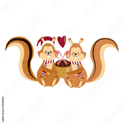 cute squirrel with acorn christmas hat cartoon vector illustration