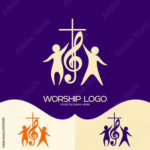 Worship logo. Cristian symbols. Cross, musical note and worshiping Jesus