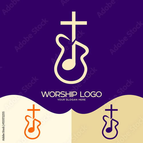 Worship logo. Cristian symbols. Cross of Jesus, musical note and guitar