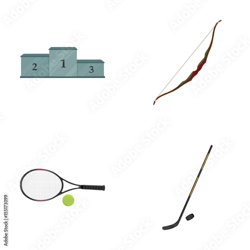 Pedestal of honor for the winners, bow for shooting arrows, racket with a ball for the tennis, hockey stick and puck. Sports set collection icons in cartoon style vector symbol stock illustration web.