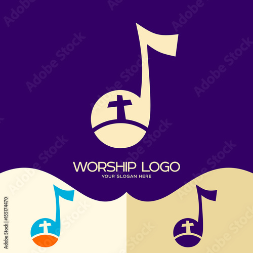 Worship logo. Cristian symbols. The Cross of Jesus in a musical note