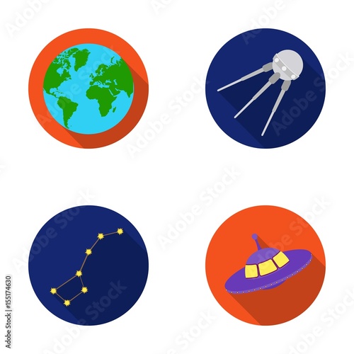 Planet Earth with continents and oceans, flying satellite, Ursa Major, UFO. Space set collection icons in flat style vector symbol stock illustration web.