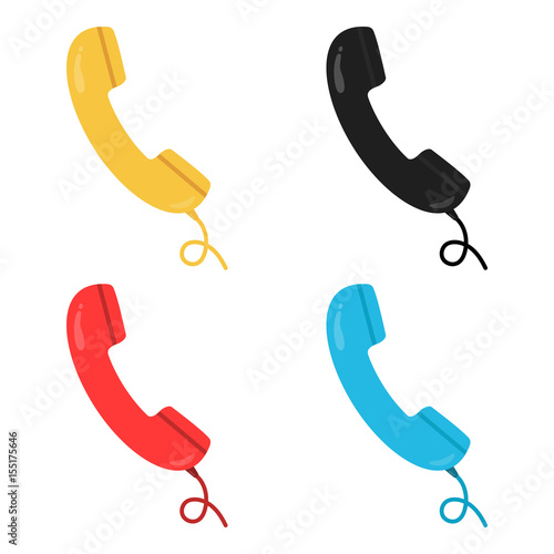 Colorful black, yellow, red and blue retro style handsets with wire. Telephone, communication. Vector illustration