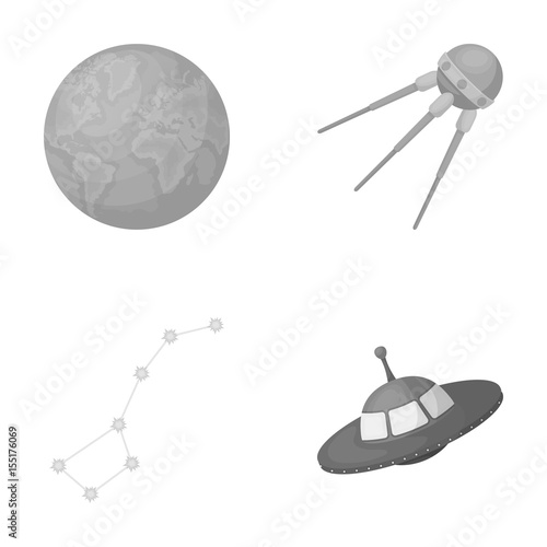Planet Earth with continents and oceans, flying satellite, Ursa Major, UFO. Space set collection icons in monochrome style vector symbol stock illustration web.