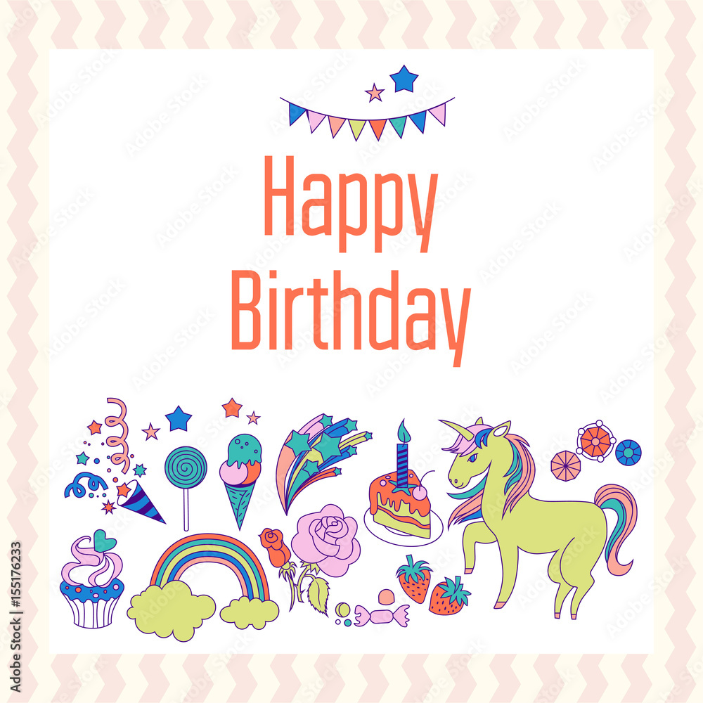 Bright birthday card with unicorn, flower, cloud, fireworks and strawberry