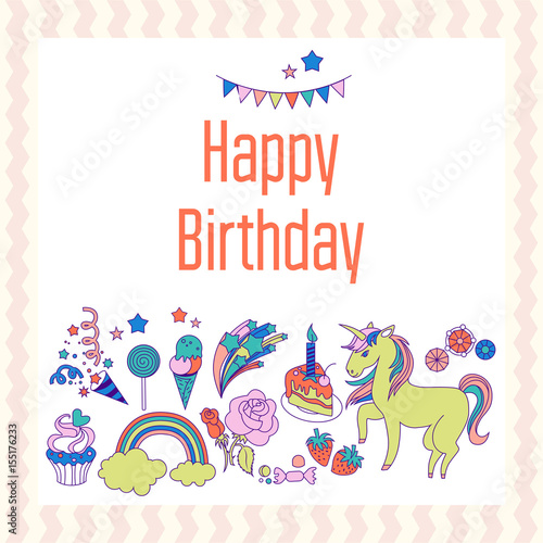 Bright birthday card with unicorn  flower  cloud  fireworks and strawberry