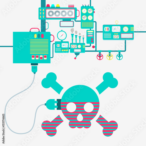 Electric supply of a skull. Skull symbol with load status. Machinery producing electrical energy.
