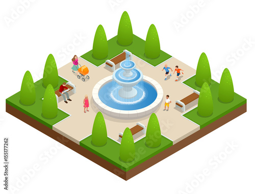 Beautiful fountain in the park. A zone of rest and relaxation. Children play near the fountain. Flat vector isometric on white background