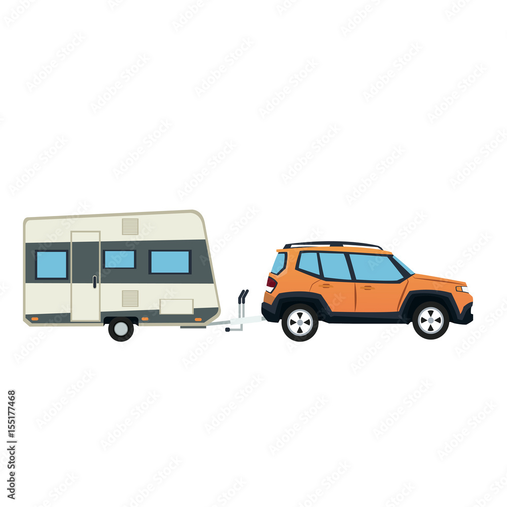 suv car and trailer camping adventure travel vector illustration