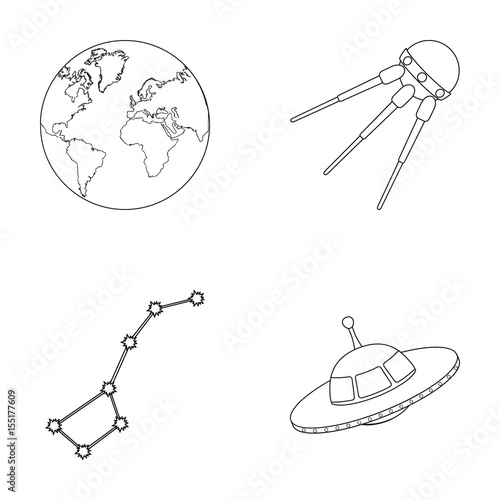 Planet Earth with continents and oceans, flying satellite, Ursa Major, UFO. Space set collection icons in outline style vector symbol stock illustration web.