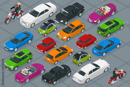 Car icons. Flat 3d isometric high quality city transport. Set of urban public and freight transport