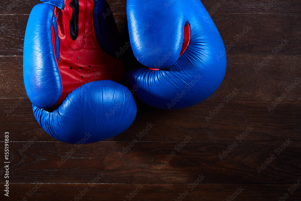Close-up of a pair of boxing blue and red gloves hanging on the wooden wall.