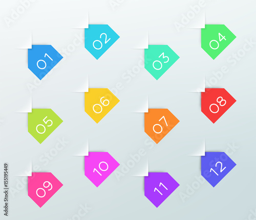 Number Bullet Points In Angled Notes Vector 1 to 12