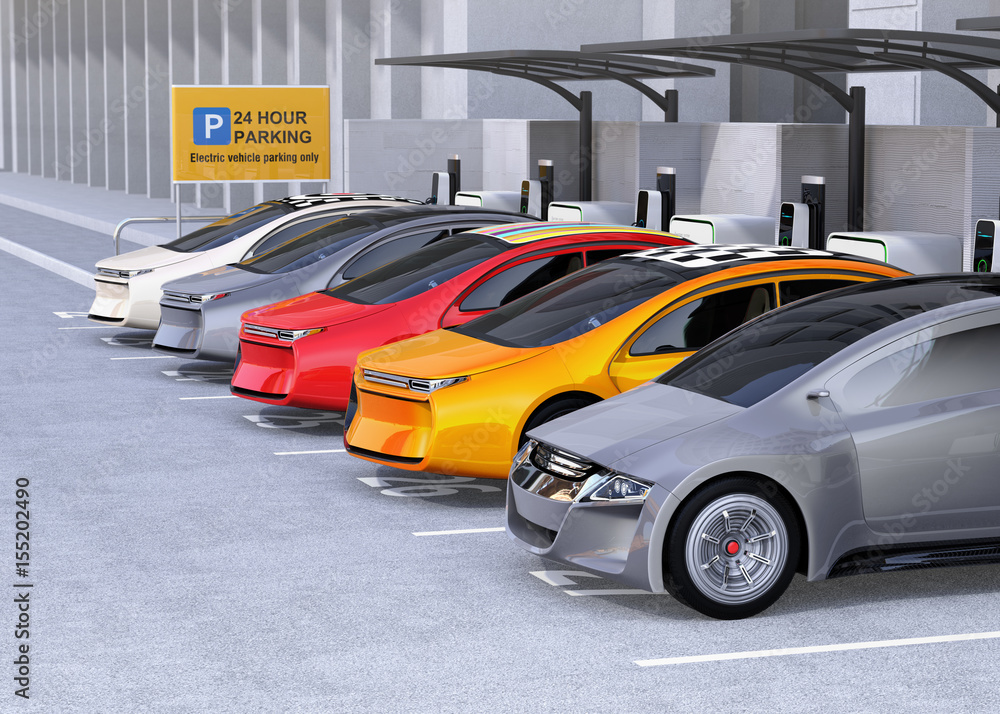 Electric cars charging at EV charging station. Cars' roof with colorful graphic design. 3D rendering image.