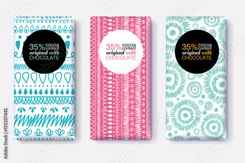 Vector Set Of Chocolate Bar Package Designs With Modern Vibrant Tribal Ikat P...