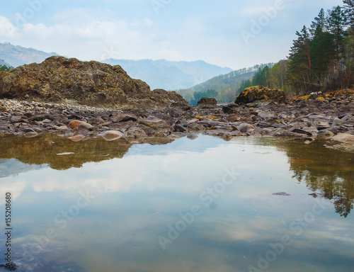 landscape with mountains, forest and a river in front. beautiful scenery