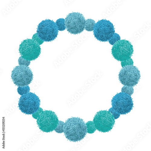 Vector Blue Baby Boy Birthday Party Pom Poms Circle Set and Round Frame. Great for handmade cards, invitations, wallpaper, packaging, nursery designs.
