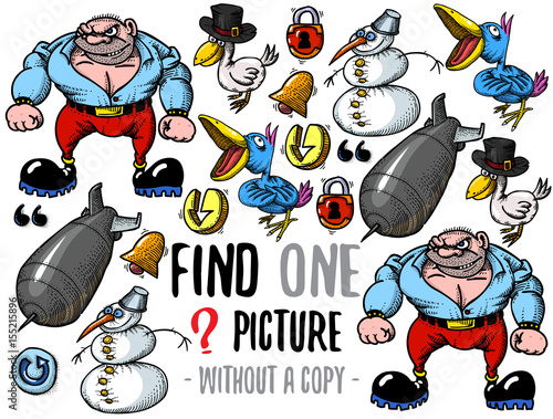 Find one picture without a copy. Educational game for children with cartoon characters.