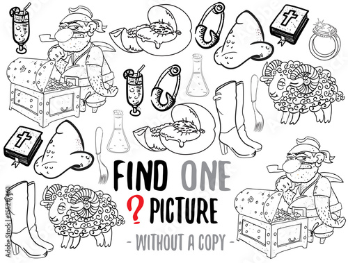 Find one picture without a copy. Educational game for children with cartoon characters. Characters ready for colouring.