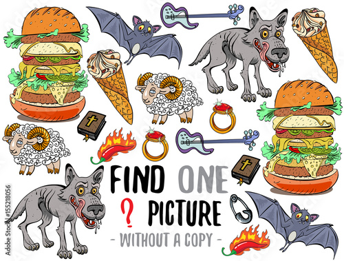 Find one picture without a copy. Educational game for children with cartoon characters.