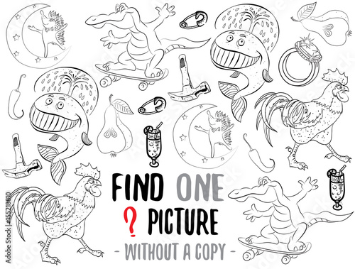 Find one picture without a copy. Educational game for children with cartoon characters. Characters ready for colouring.