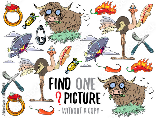 Find one picture without a copy. Educational game for children with cartoon characters.