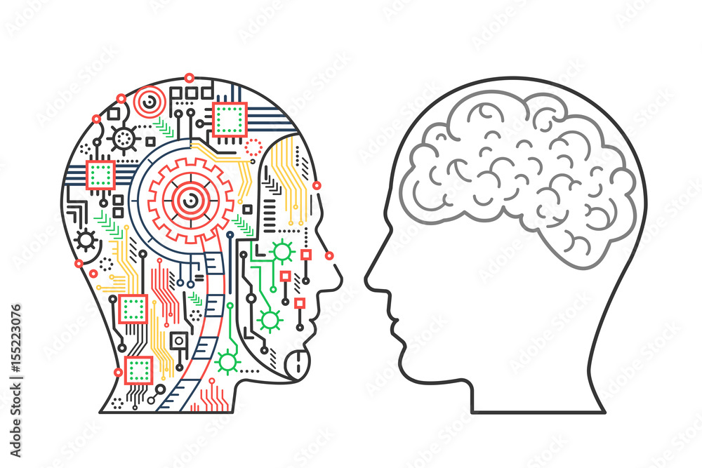 Vector illustration of machinery head of cyborg and the human one with the brain. Vector illustration of machinery head of cyborg and the human one with the brain.