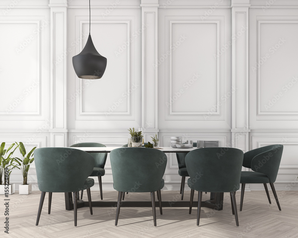 3d rendering classic dining table in white dining room - obrazy, fototapety, plakaty 